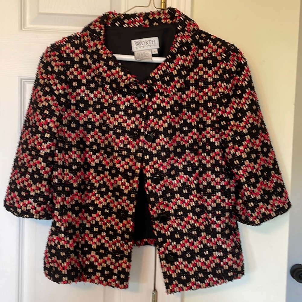 Worth black with red and goldish flecks 5 button up jacket.